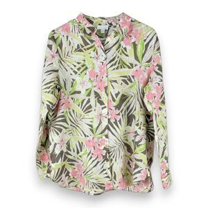 J. Jill Love Linen Tropical Floral Shirt Pink Green Cottage Fairy Boho SM
